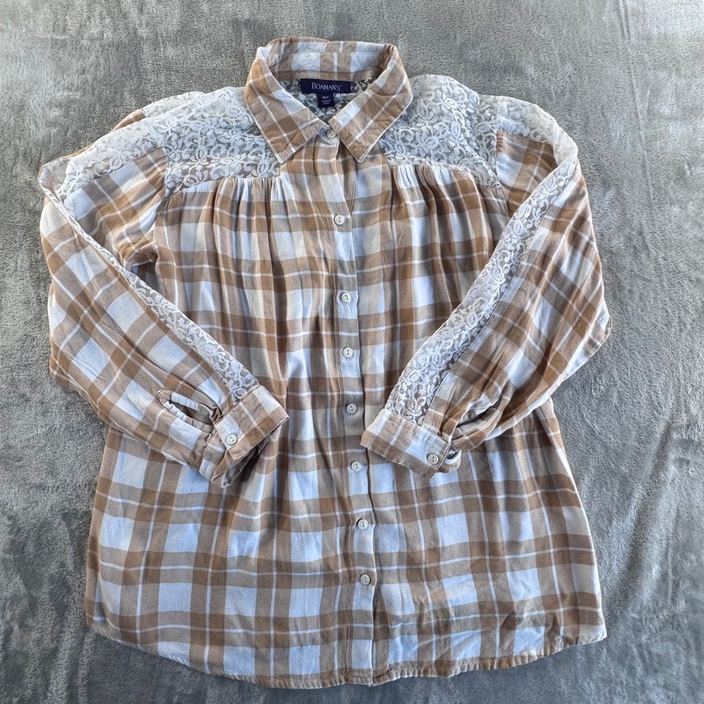 Roamans Plaid Lace Button Shirt Womens 16W Beige Boho Cottagecore Grunge‎